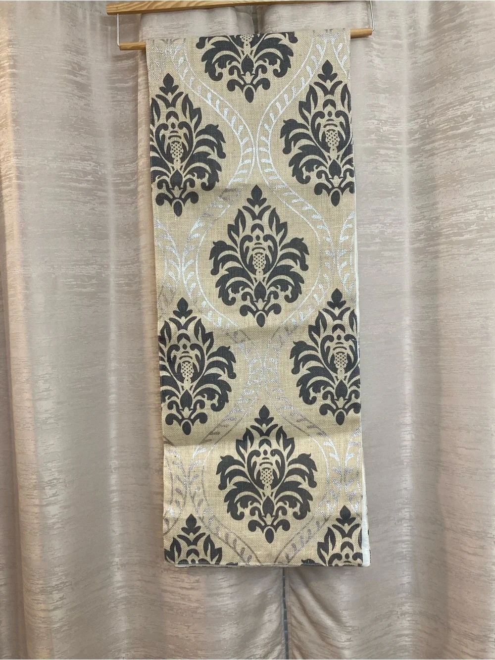 Cotton Craft Beige, Gray and Silver Damask Jute Table Runner 72”X 13.5”. New